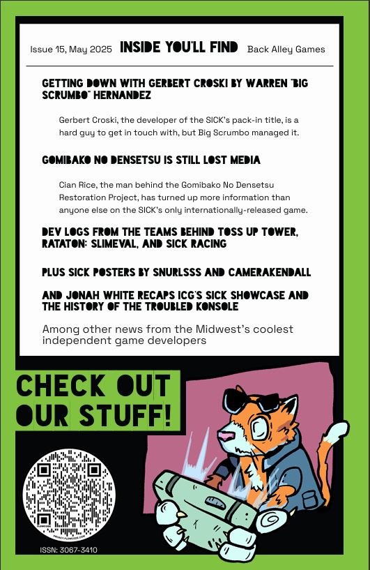 back alley games issue 15 The back of a magazine advertising its articles.