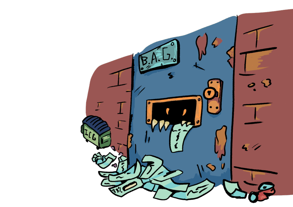 An illustration of eyes inside a door's mail slot, with a dumpster that reads "ICG" and a plaque on the door that reads "BAG"