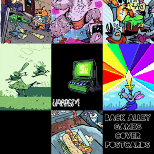 Back Alley Games covers arranged in a 3x3 grid. The bottom right reads "Back Alley Games cover postcards Issues 11-17"