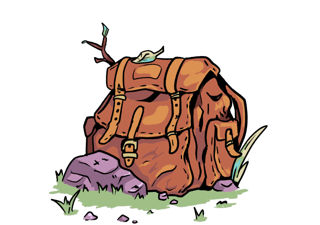 A drawing of a brown backpack next to a rock