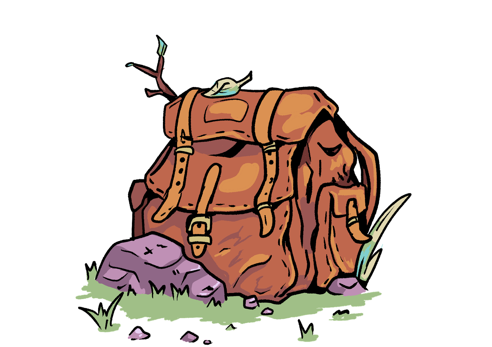 A drawing of a brown backpack next to a rock
