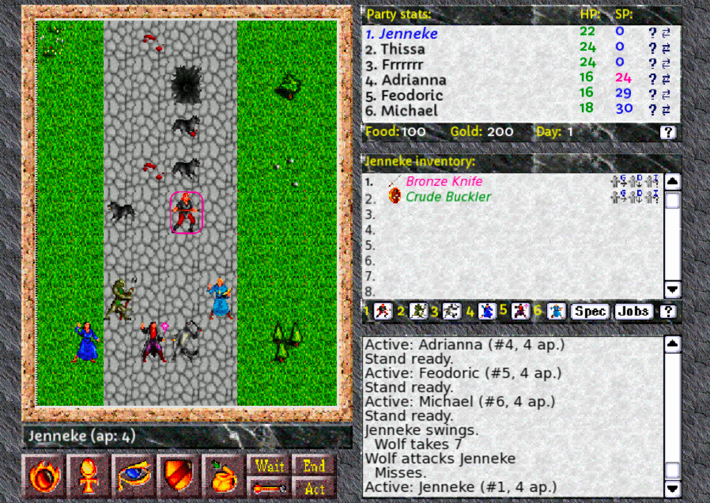 A pixelated video game interface, with characters at the left above buttons and three text boxes at the right. One lists the party stats, another lists inventory items, and the last lists the actions last taken in the game.