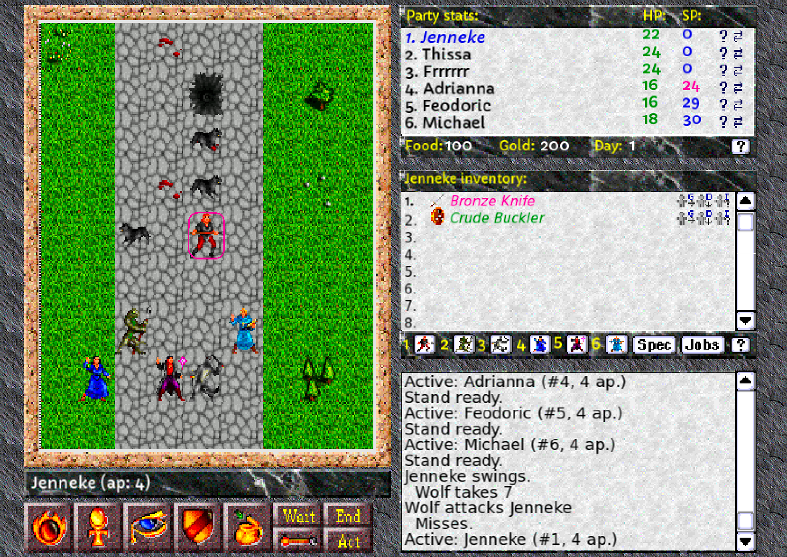 A pixelated video game interface, with characters at the left above buttons and three text boxes at the right. One lists the party stats, another lists inventory items, and the last lists the actions last taken in the game.