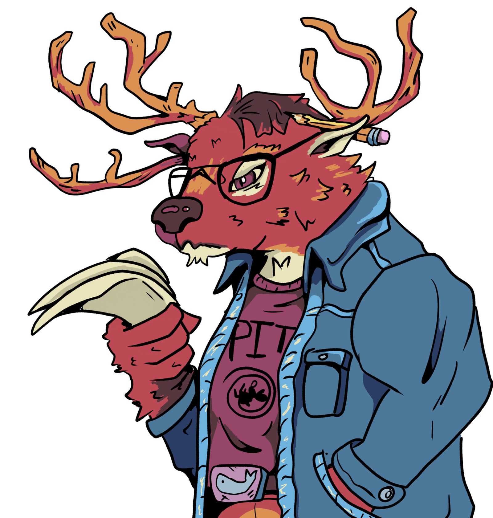 An illustration of a red deer in glasses and a jacket, pencil behind its ear, reading from papers