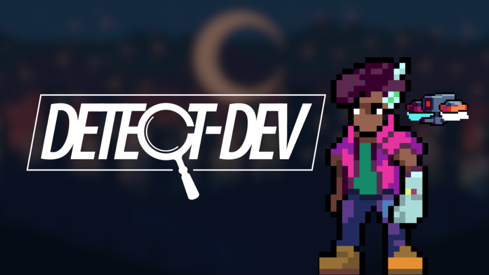A pixel art man with a drone above his right shoulder, and the text "Detect-Dev" to his left. The "C" is a magnifying glass.
