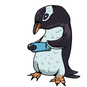 An illustration of a penguin holding a Nintendo Switch