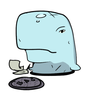 An illustration of a whale emerging from a manhole, writing