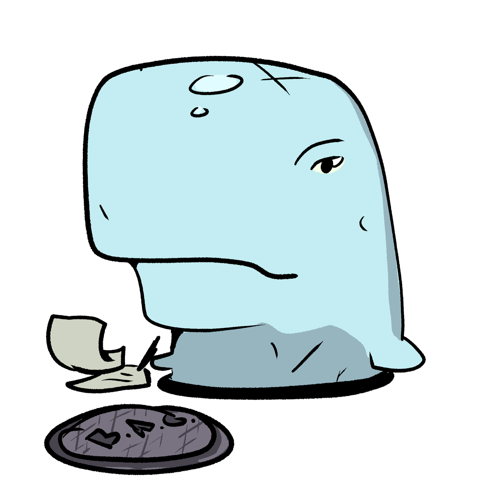 An illustration of a whale emerging from a manhole, writing