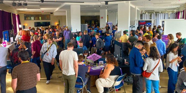 A group of people in a convention space