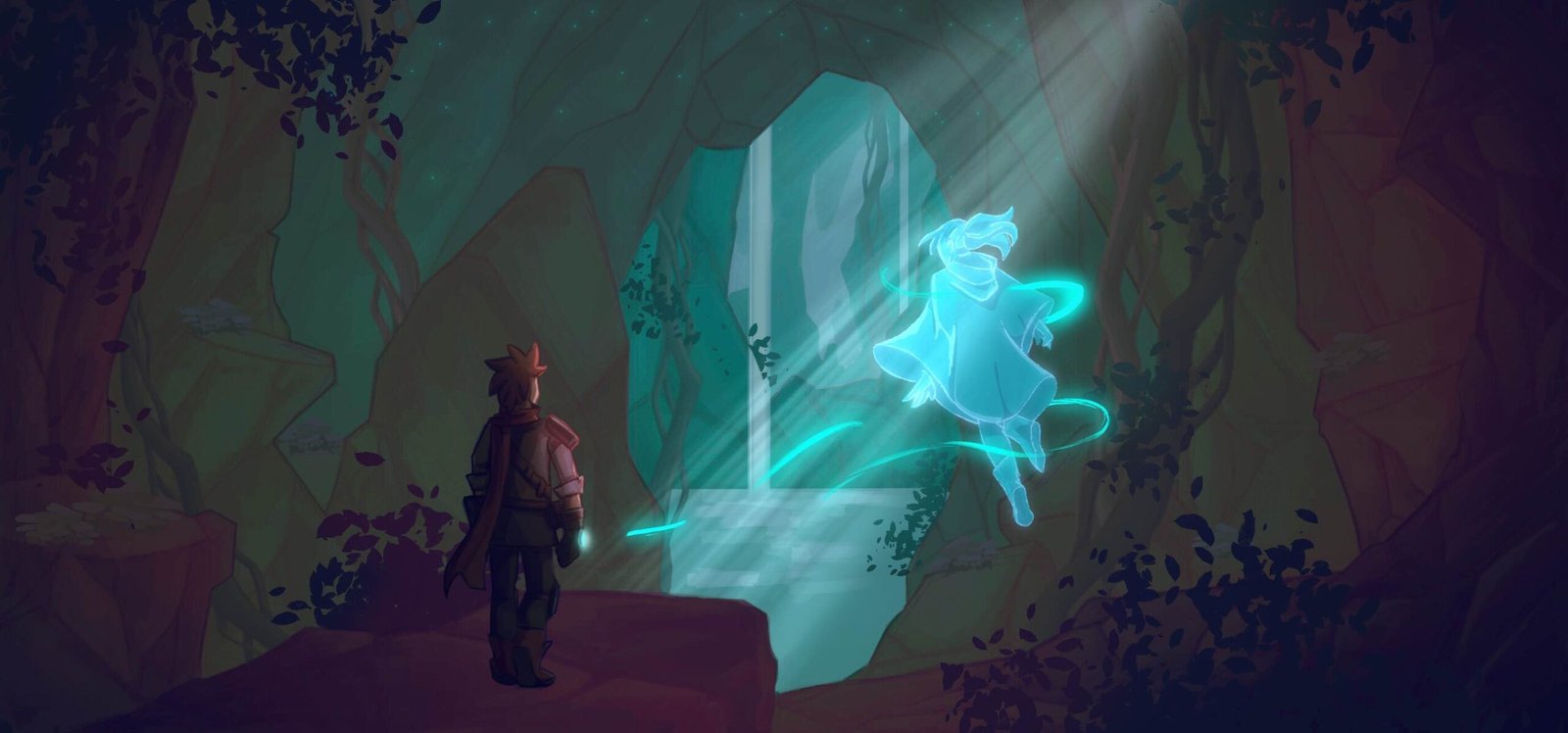 A teenage boy and a ghost in a cave, the two linked by bright blue lines.