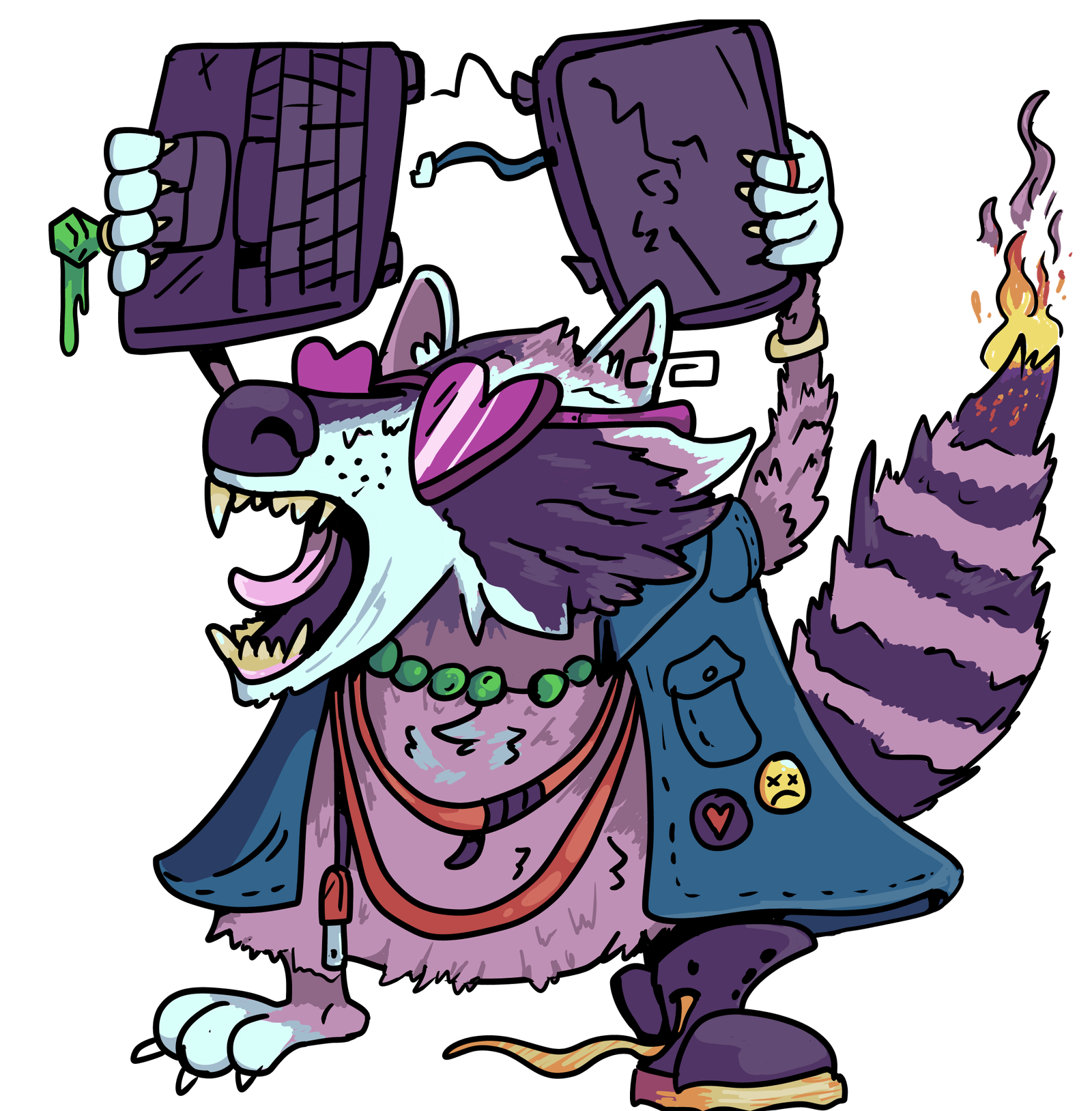 An illustration of a purple raccoon, tail on fire, tearing a laptop in two