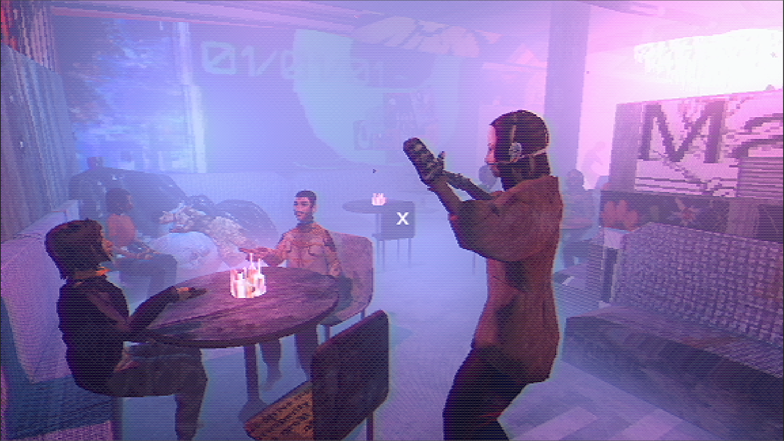 A video game screenshot of people in winter coats dancing