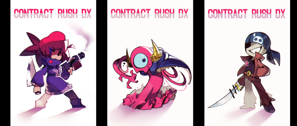 Three characters arranged left to right, a girl in a beret, a horned monster, and a pirate. Each has "Contract Rush DX" above their head.