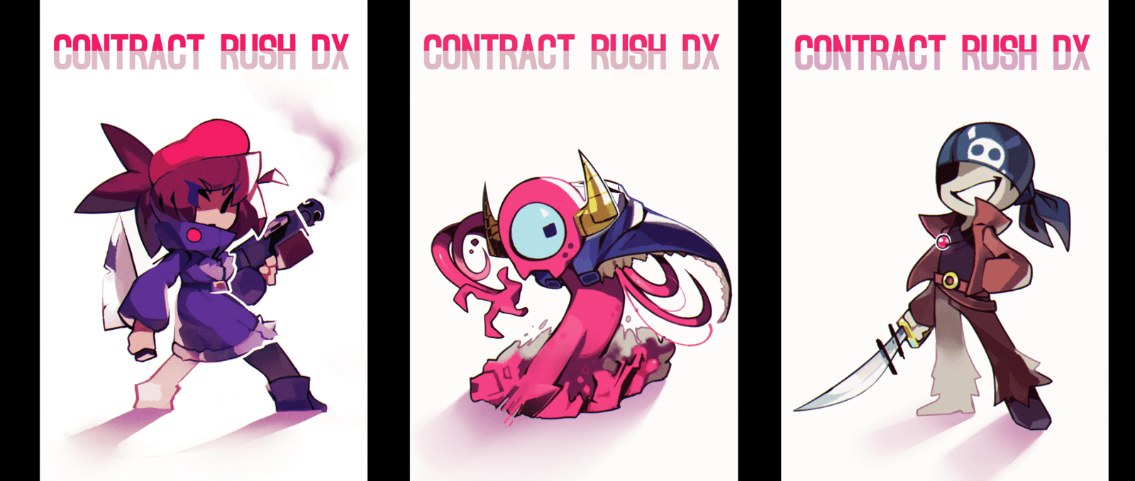 Three characters arranged left to right, a girl in a beret, a horned monster, and a pirate. Each has "Contract Rush DX" above their head.