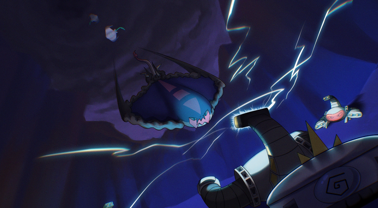 A flying manta ray creature in a thunderstorm fighting robotic scorpions. 