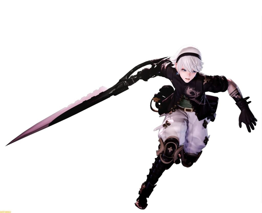 A white-haired video game character with a large fantasy sword, running to the right.