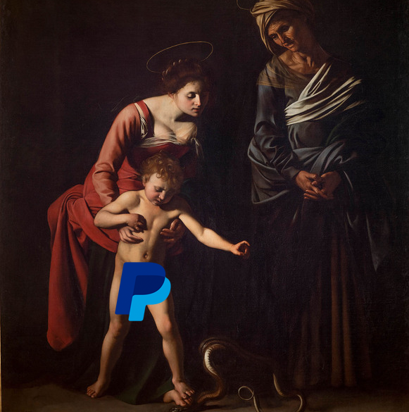 Painting of Mary, Jesus, and St. Anne, with Jesus censored by the PayPal logo.