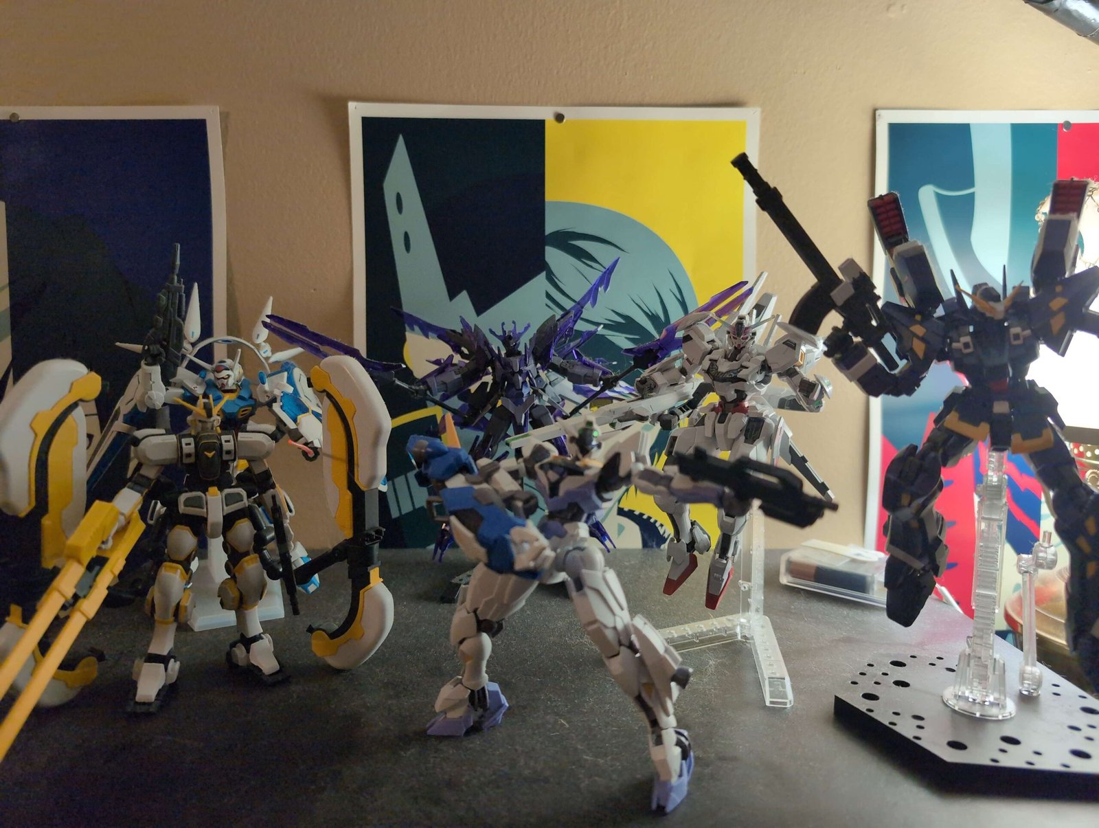 A shelf with gundam model robots on it
