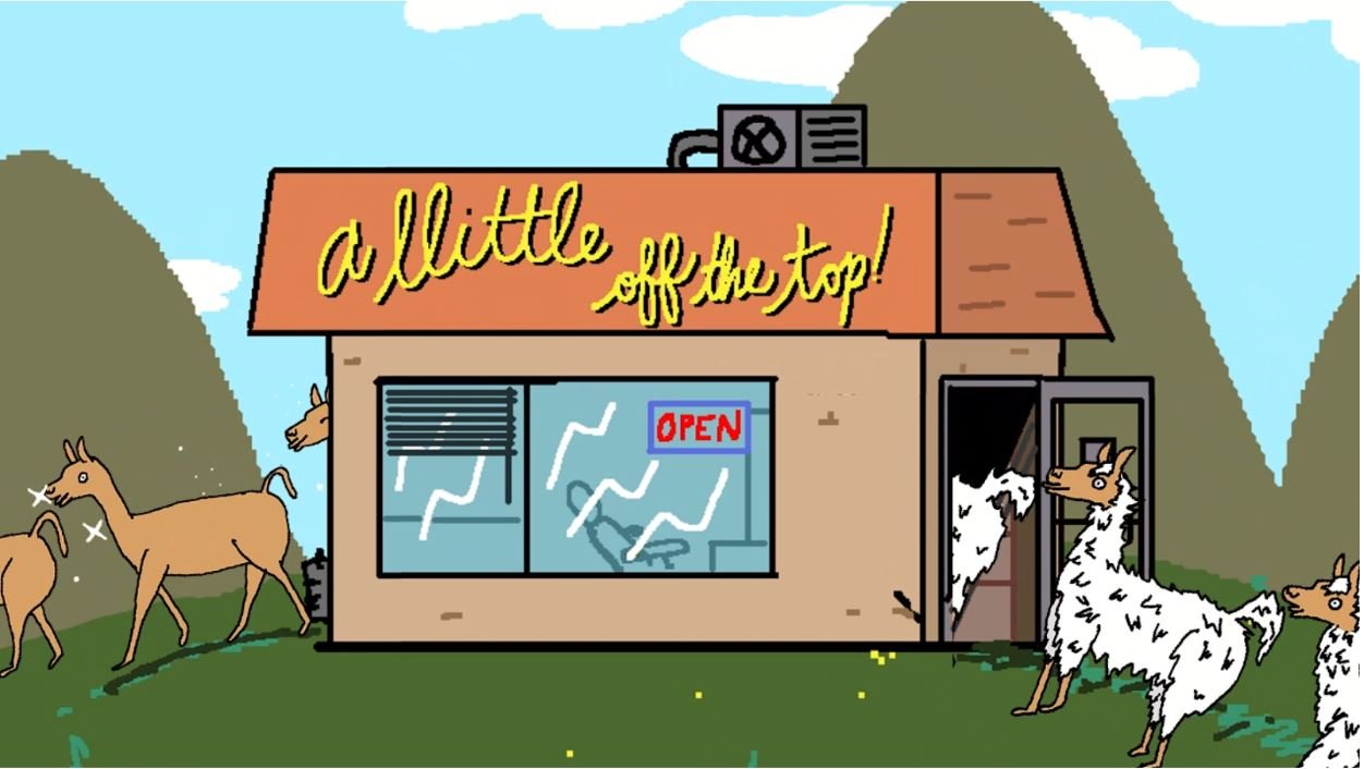 cartoon llamas entering a central building that says "a llittle off the top" on its roof