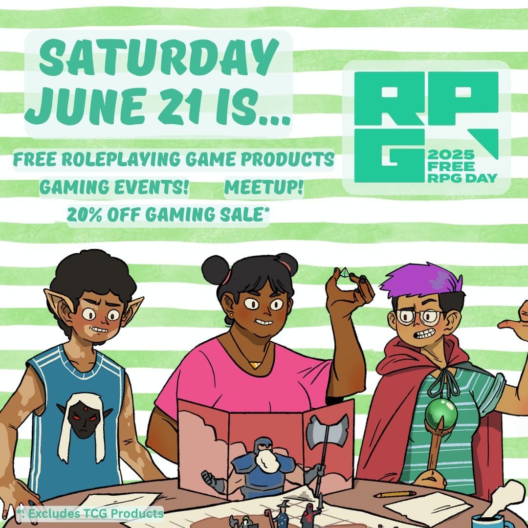 A hand-drawn poster featuring three people playing games, advertising Free RPG Day 2025