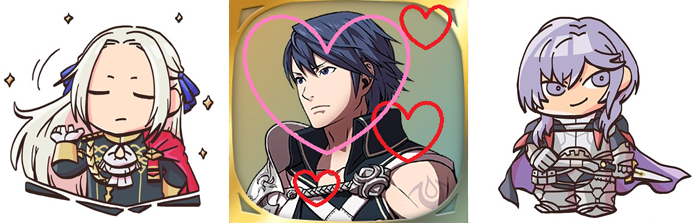 Three video game characters arranged left to right, the middle has cartoon hearts drawn around him