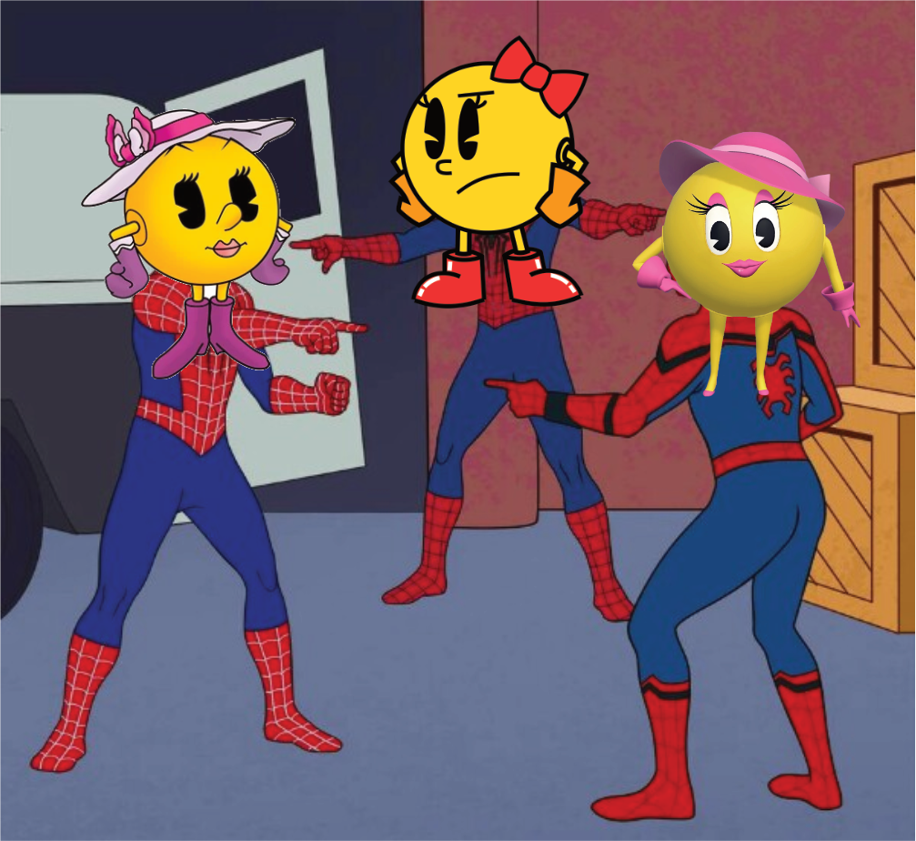 Three Spider-Mans pointing at each other, but each has a female Pac-Man over their head