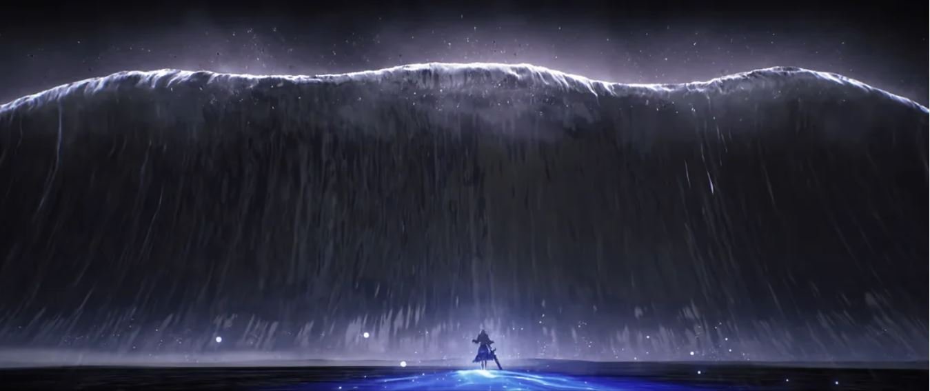 A massive wave above a small figure with a sword
