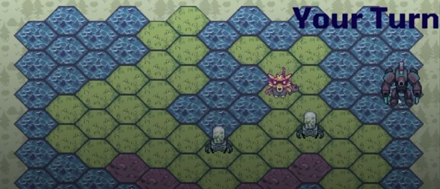 A blue and green hex grid, pixel art characters, and the words "Your turn" in the top right of the frame.