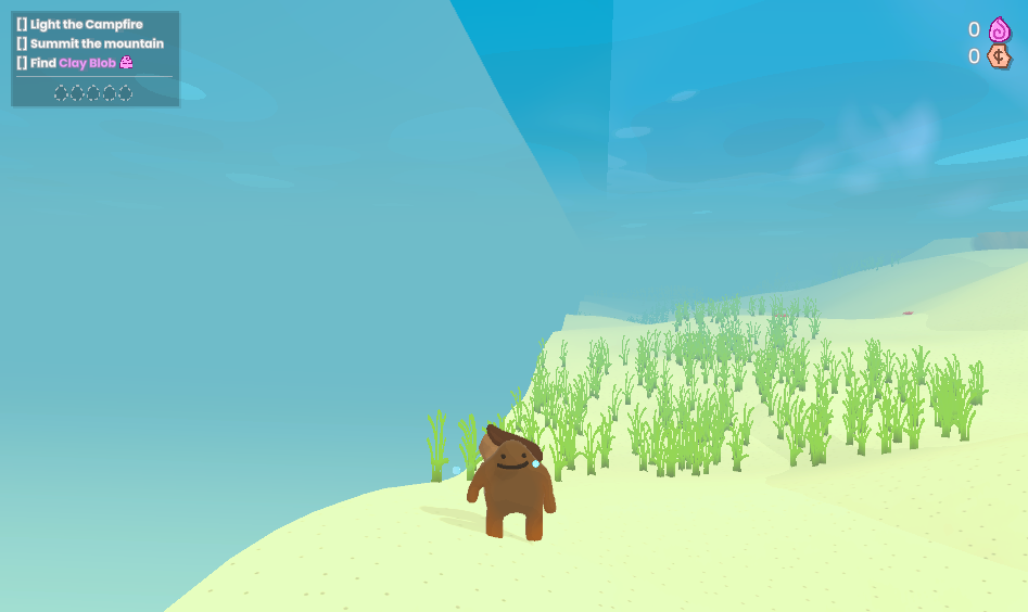 A video game character underwater, with text reading "Light the campfire, Summit the mountain, Find Clay Blob" as uncompleted goals in the top left.