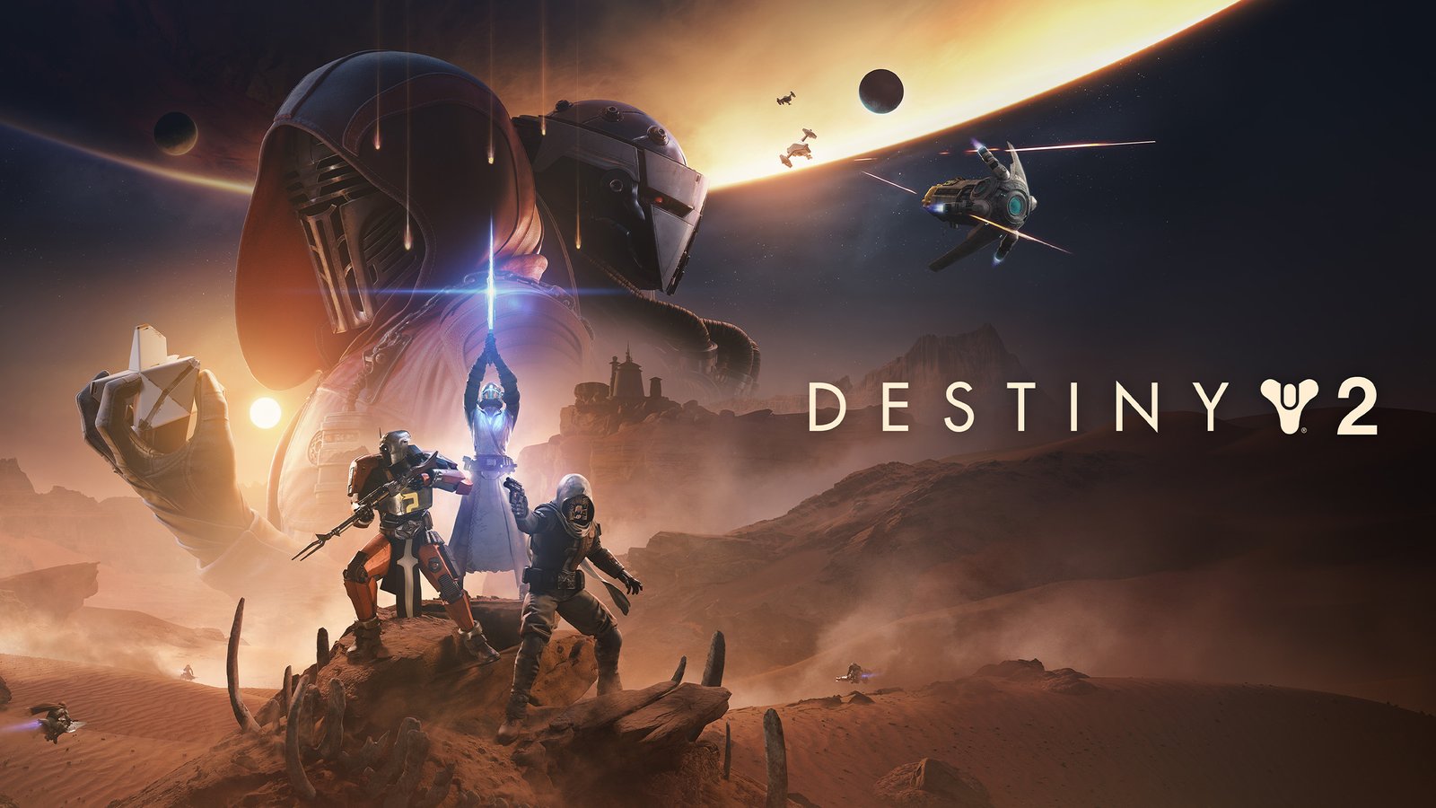 Video game characters below a moon and to the left of text reading "Destiny 2"