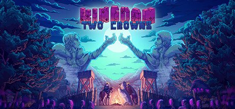 Two male statues in a forest holding up text reading "Kingdom Two Crowns"